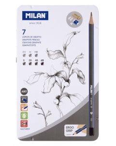 MILAN 7 Graphite Pencils 2 Eraser & Sharpener Metal Case